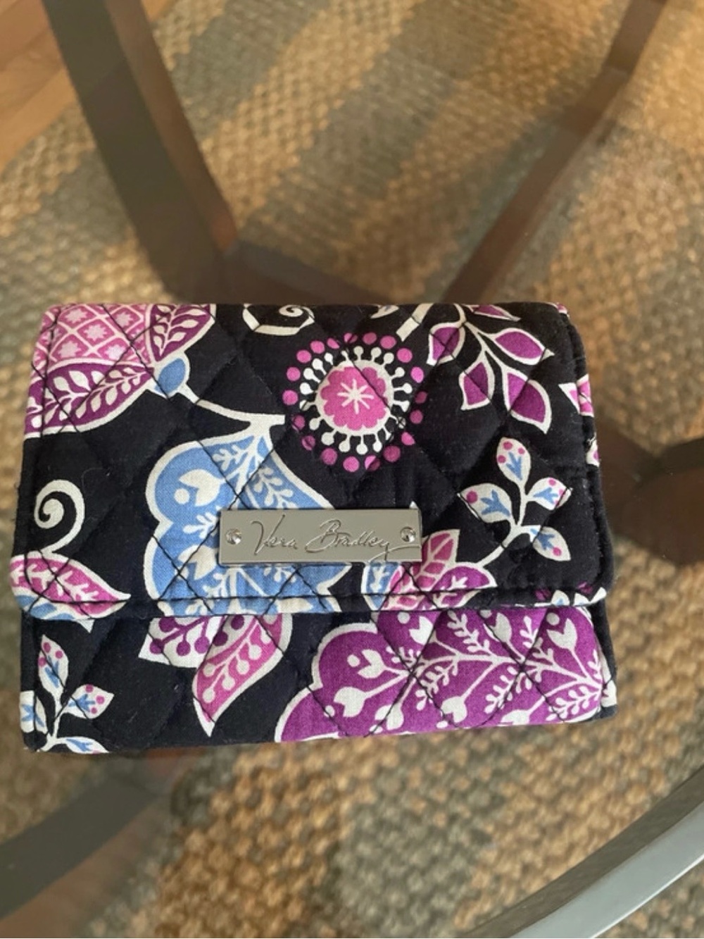 Vera Bradley Quilted Floral Card Wallet in Black, Purple and Light Blue